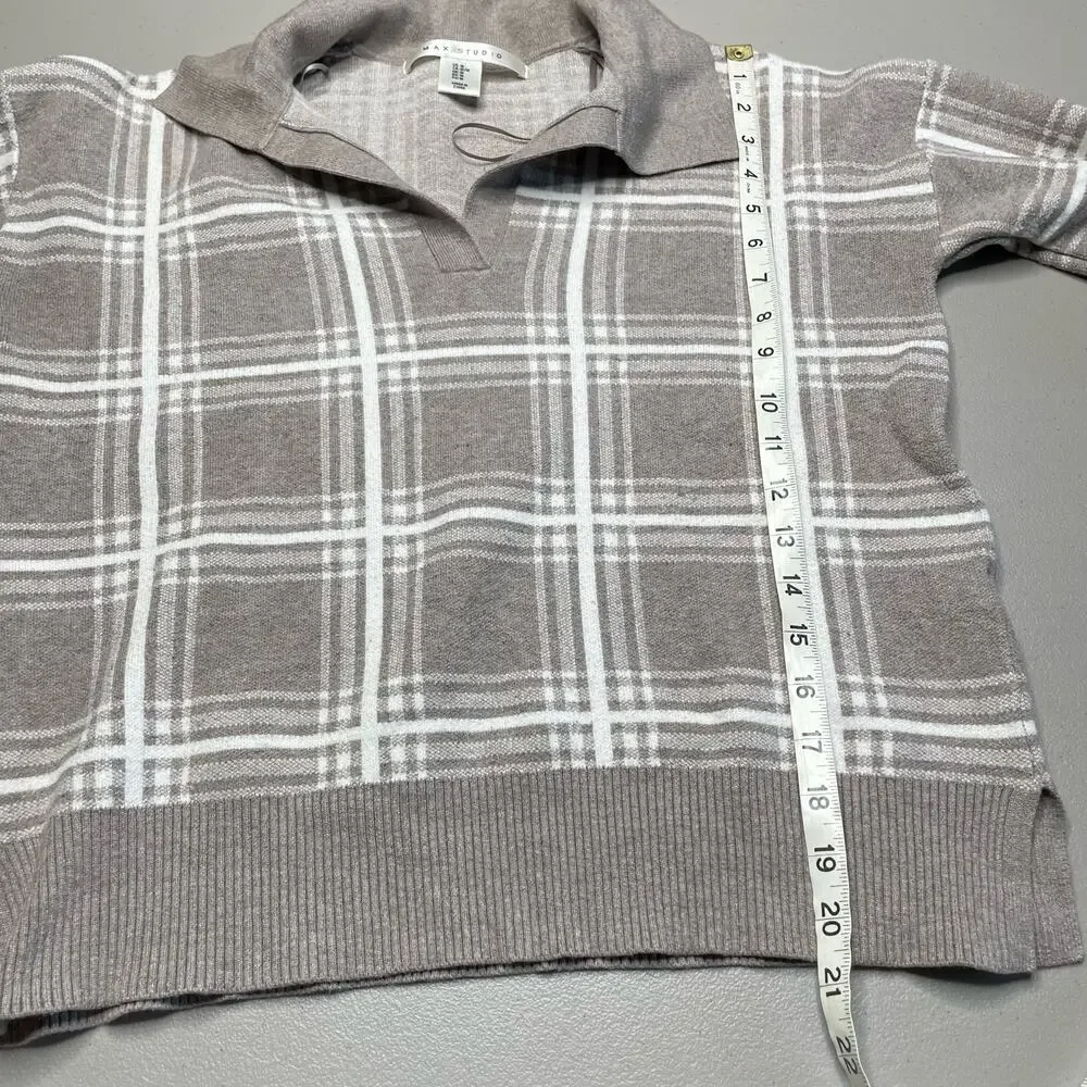 Max Studio Plaid Sweater Knitted Collared Pullover Long Sleeve Brown White M‎